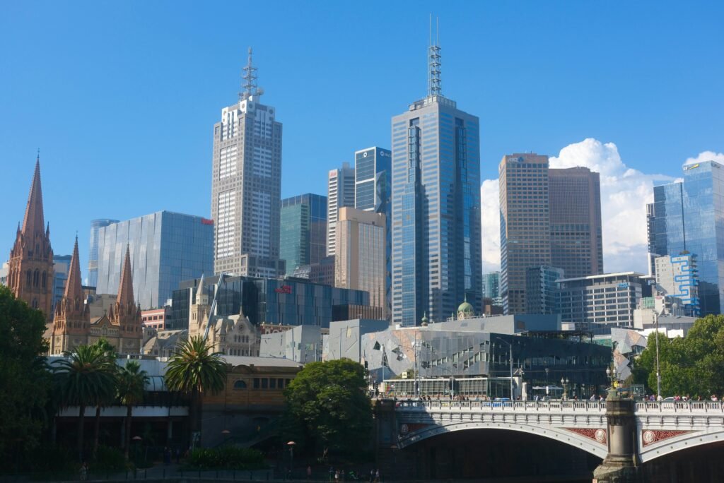 Vibrant view of Melbourne's skyline featuring modern skyscrapers and historical architecture.
